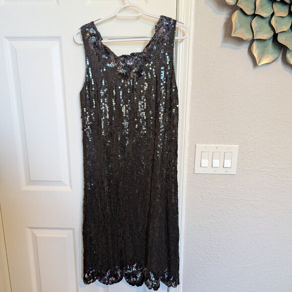 DAZZLING GATSBY 1920s SEQUIN STUNNER FLAPPER DRESS | M | EVC | Black | 12 / L - Picture 1 of 12